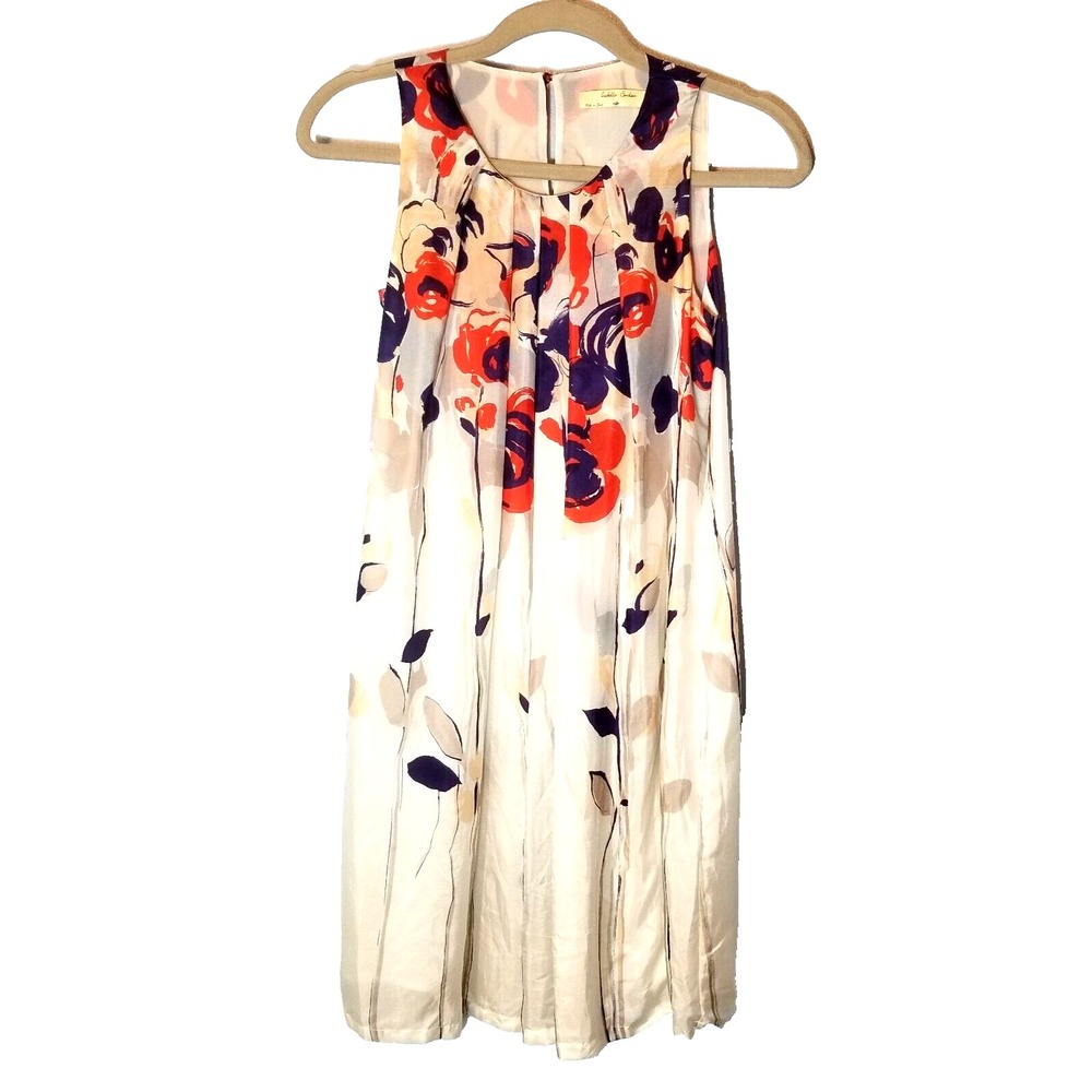 ISABELLA SINCLAIR Cream Silk Floral Pleat Neck Shift Dress Lined Pockets  Size 0